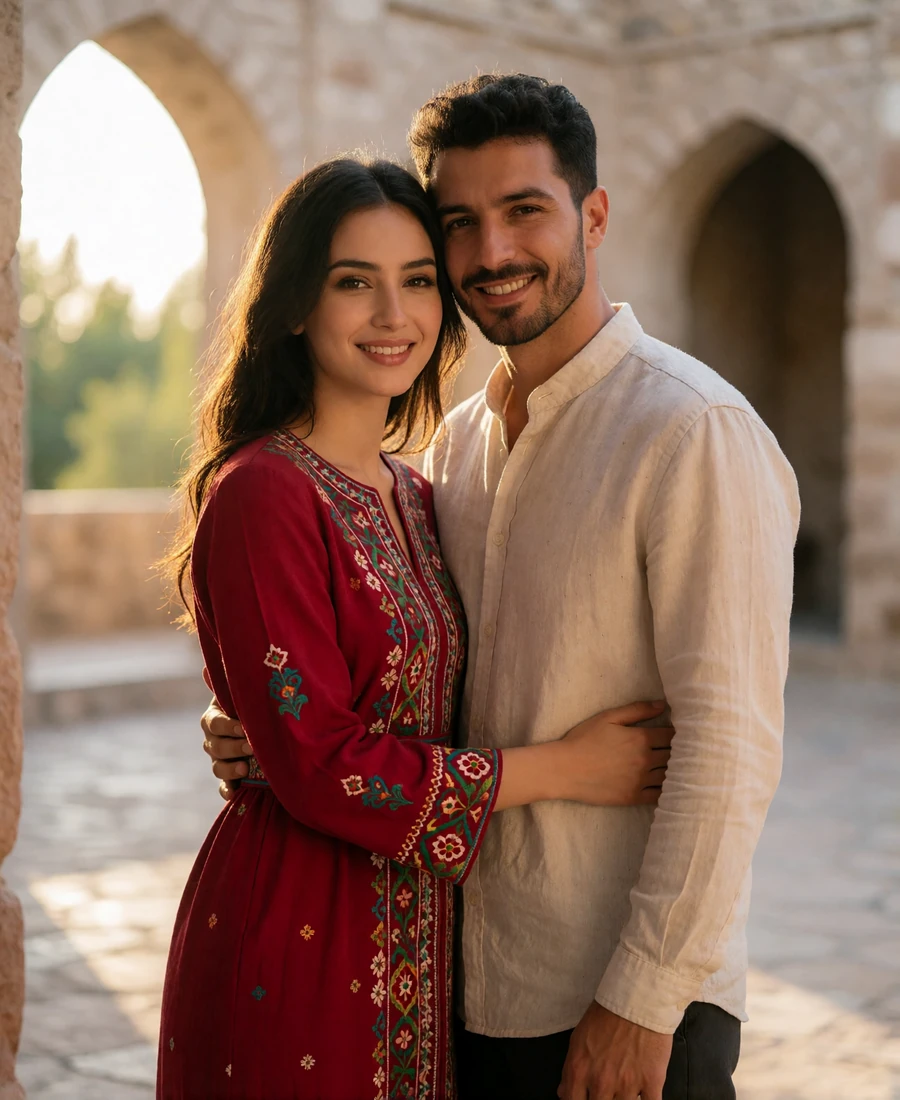Turkmen woman in a crimson embroidered dress and Western man standing together in a sunlit stone courtyard