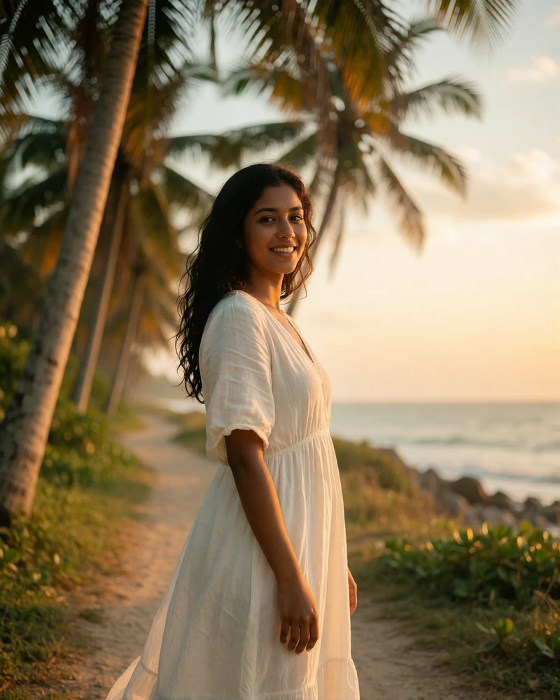 Sri Lankan woman in a white cotton dress smiling on a palm-lined coastal path at golden hour, featured dating profile photo