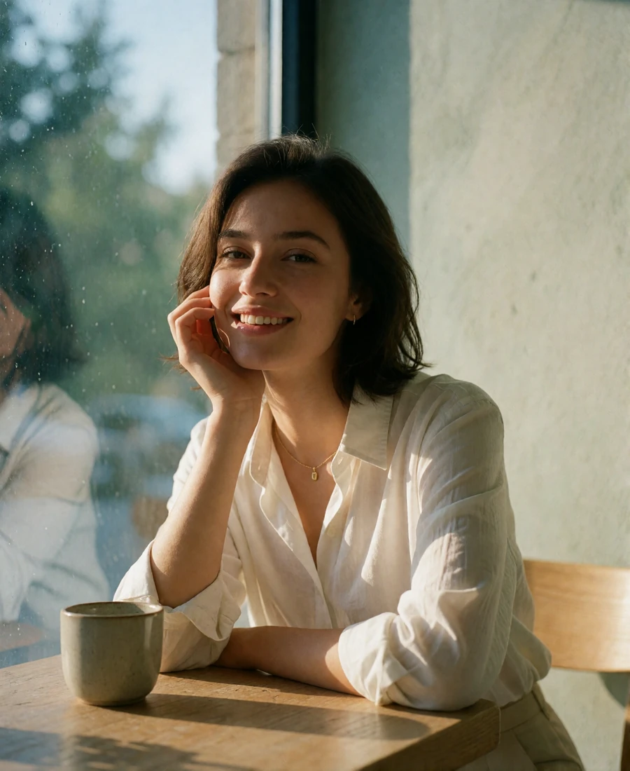 Kazakh woman in a crisp white shirt smiling at a bright cafe table by a window in the morning light