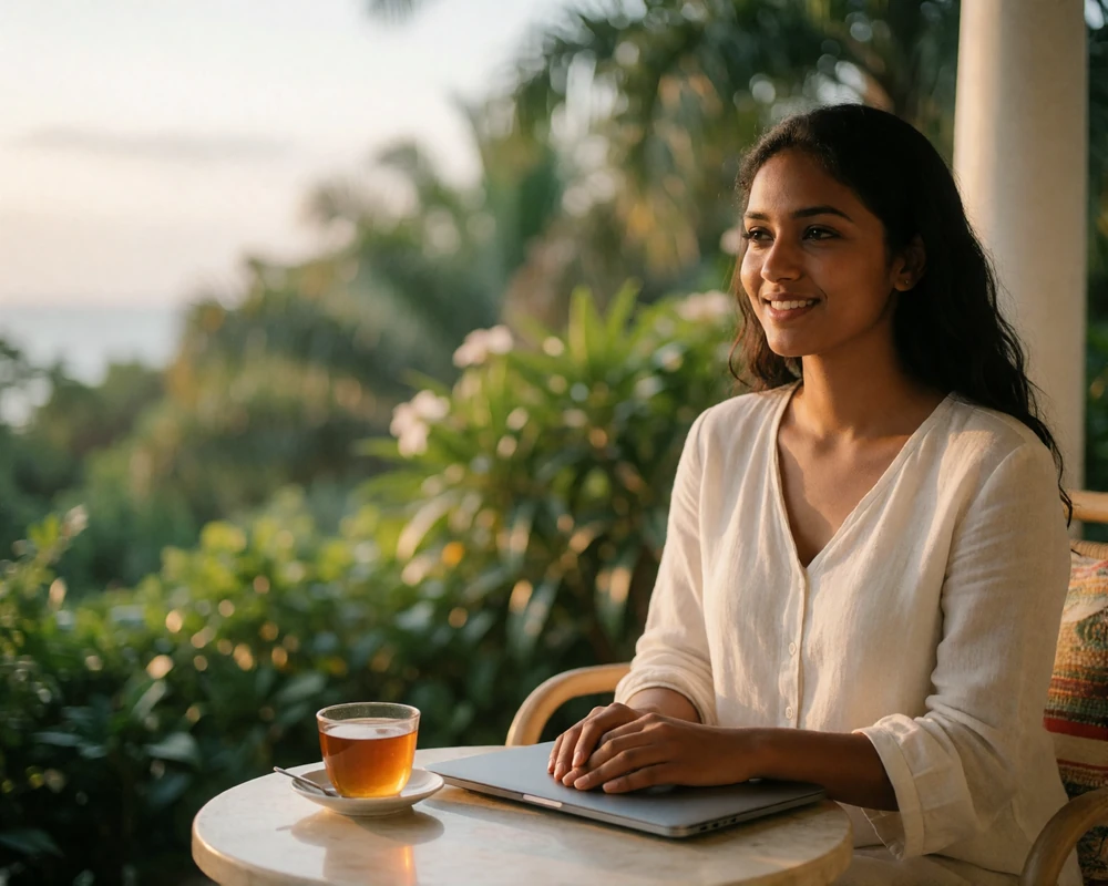 Sri Lankan woman relaxing on a shaded veranda with a closed laptop and a cup of tea, representing private messaging on the dating platform