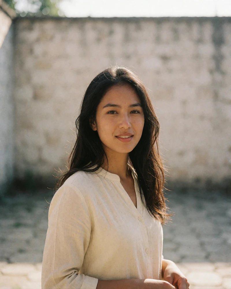 Young Nepalese woman in a cream blouse smiling in a sunlit courtyard, featured Nepali dating profile photo