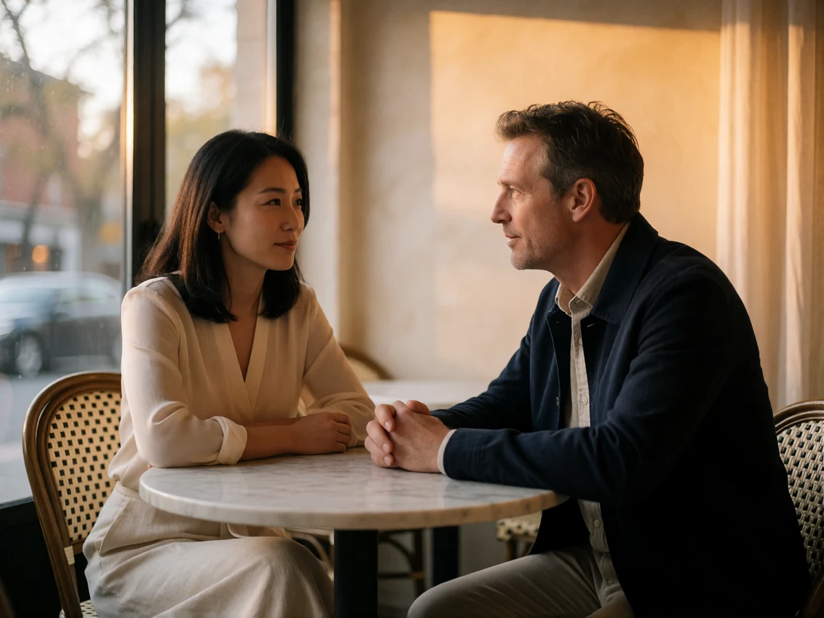 Elegant Asian woman and a Western man in a navy jacket in relaxed conversation at a small marble café table
