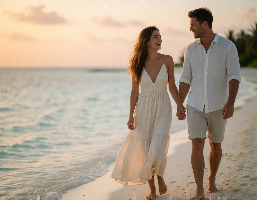 Maldivian woman in a flowing ivory dress walking hand in hand with a Western man along a quiet shoreline at golden hour