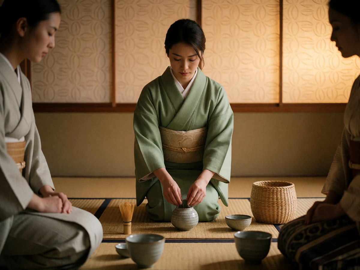 Japanese woman in a soft green kimono preparing tea in a tatami room during a quiet tea gathering
