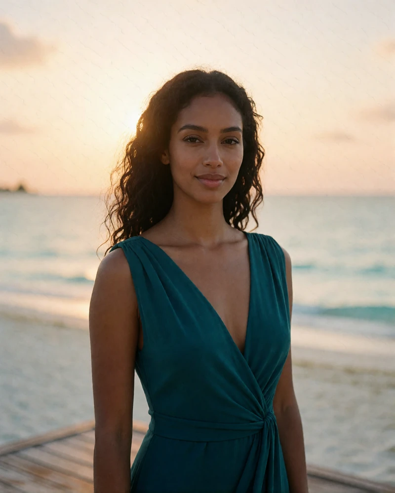 Maldivian woman in a deep teal dress on a beachside deck at golden hour, featured member profile photo