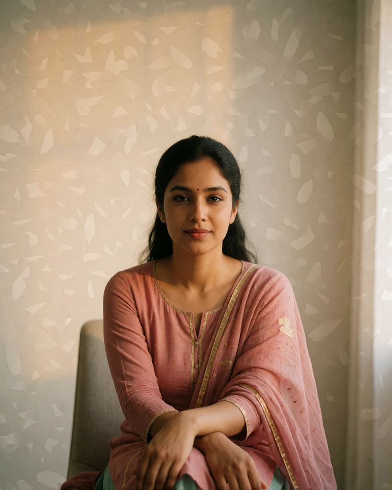 Bangladeshi woman in a dusty-rose kameez in a bright minimal interior, verified member profile photo