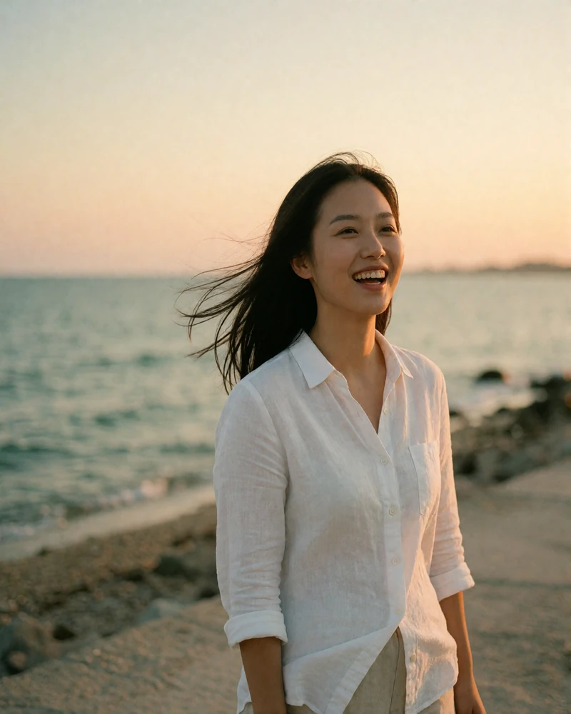 Chinese woman in a white linen shirt laughing on a coastal promenade, featured Chinese girlfriend profile photo