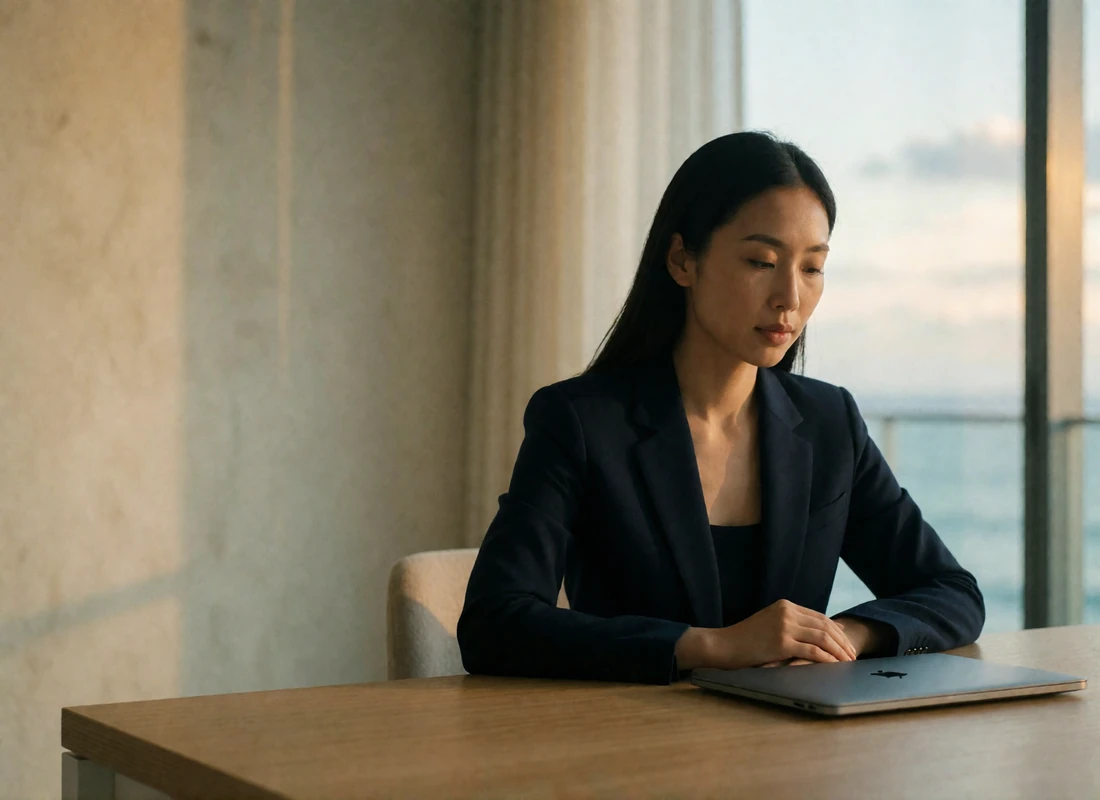 Professional Asian woman in a navy blazer working calmly at a sunlit light-oak desk, representing data privacy and account security practices