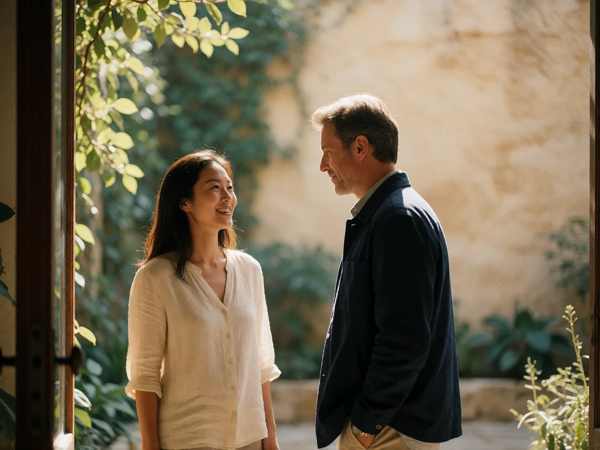 An elegant Filipino woman greeting a Western man at the entrance of a bright café courtyard on their first in-person meeting