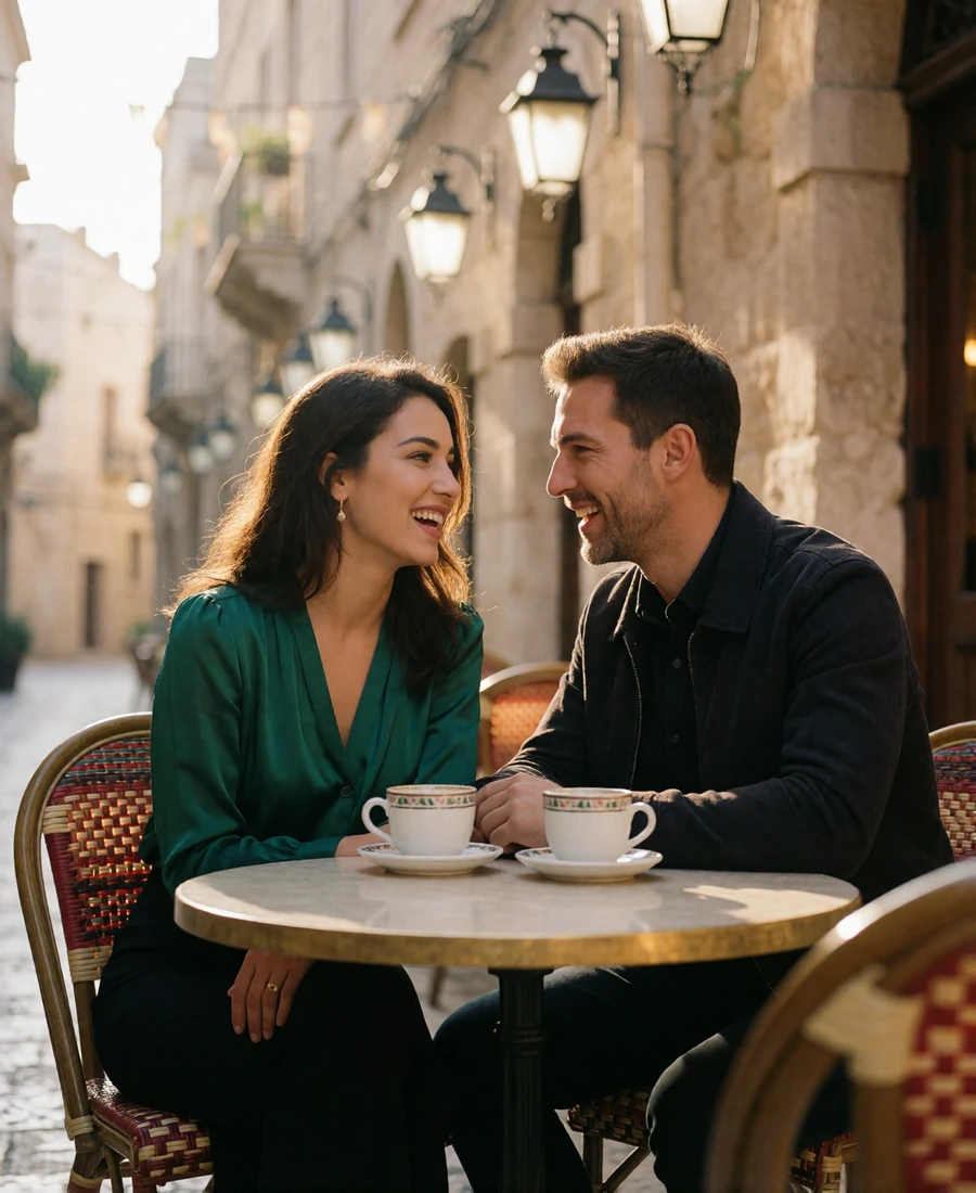 Jordanian woman in an emerald blouse and Western man sitting at an outdoor cafe table in a historic street