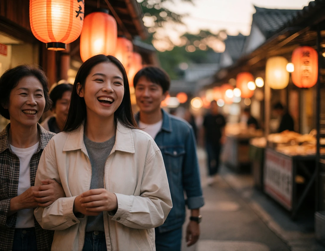 Small group including a young Taiwanese woman laughing together at a warmly lit outdoor night market food street
