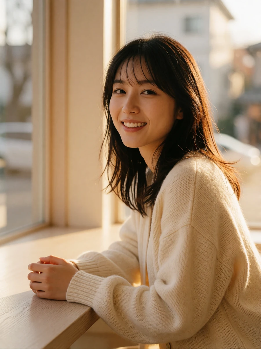 Japanese woman in a cream cardigan smiling by a bright cafe window, featured Japanese singles online profile photo