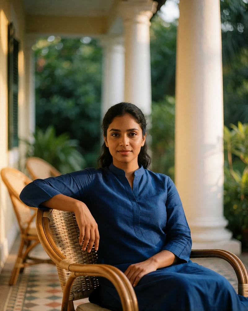 Sri Lankan woman in a sapphire-blue kurta seated on a colonial-style veranda, verified member profile photo