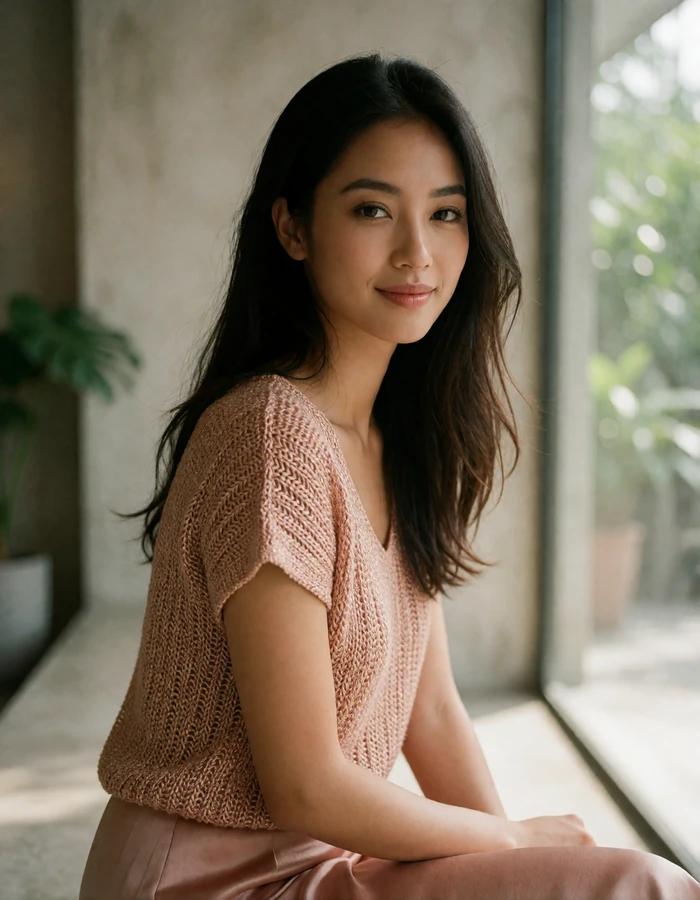 Singaporean woman in a rose knit top smiling by a café window, featured Singapore dating profile photo