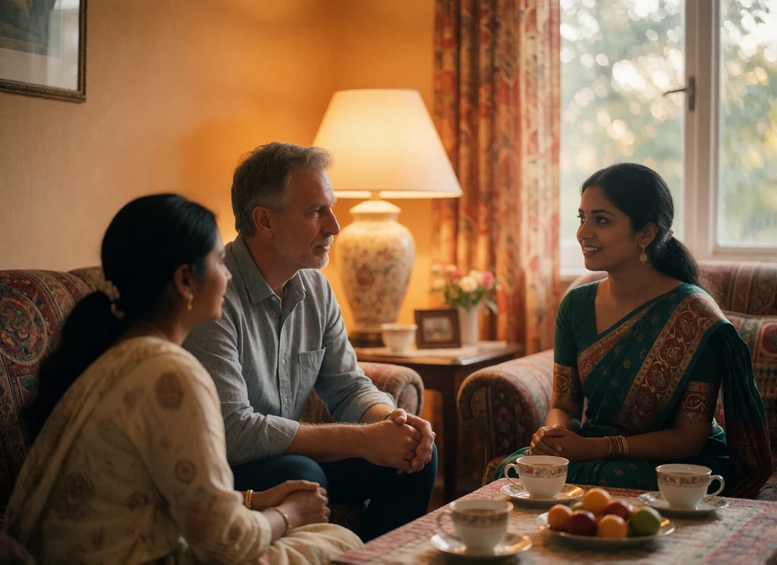 Bangladeshi woman and a Western man sharing afternoon tea with an older relative in a warm family living room