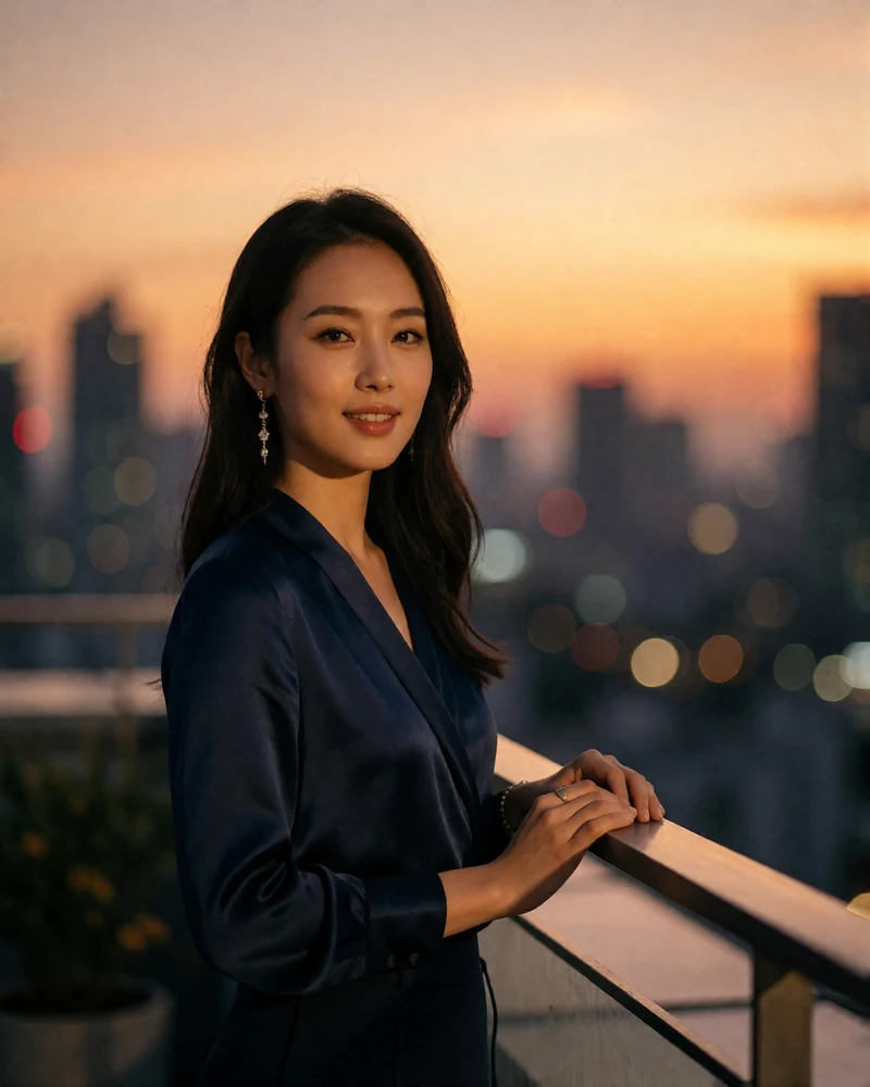 Chinese woman in a navy silk blouse standing at a rooftop terrace railing at dusk, featured member profile photo