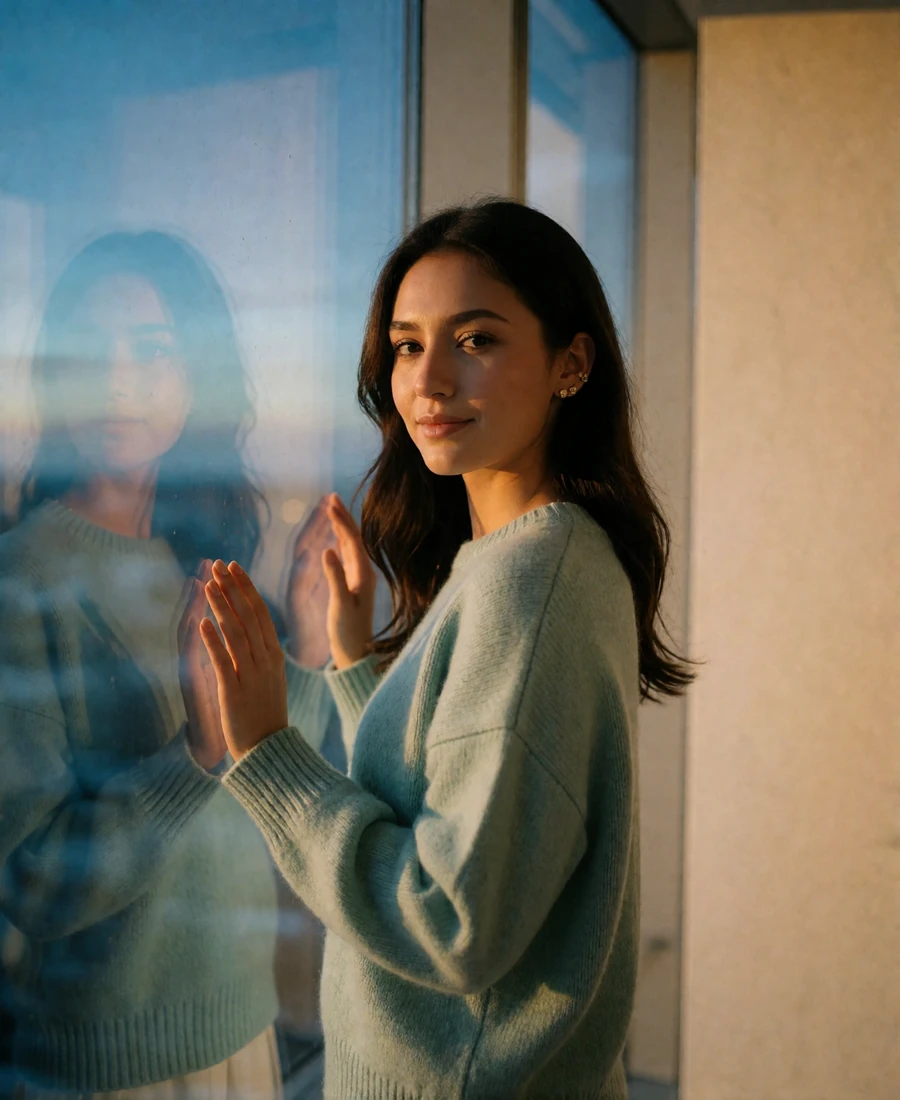 Young Kazakh woman in a seafoam knit sweater standing by a floor-to-ceiling window with a blurred city skyline behind her