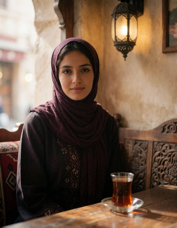 Yemeni woman in a deep-plum headscarf seated at a low table in a traditional tea house, verified member profile photo