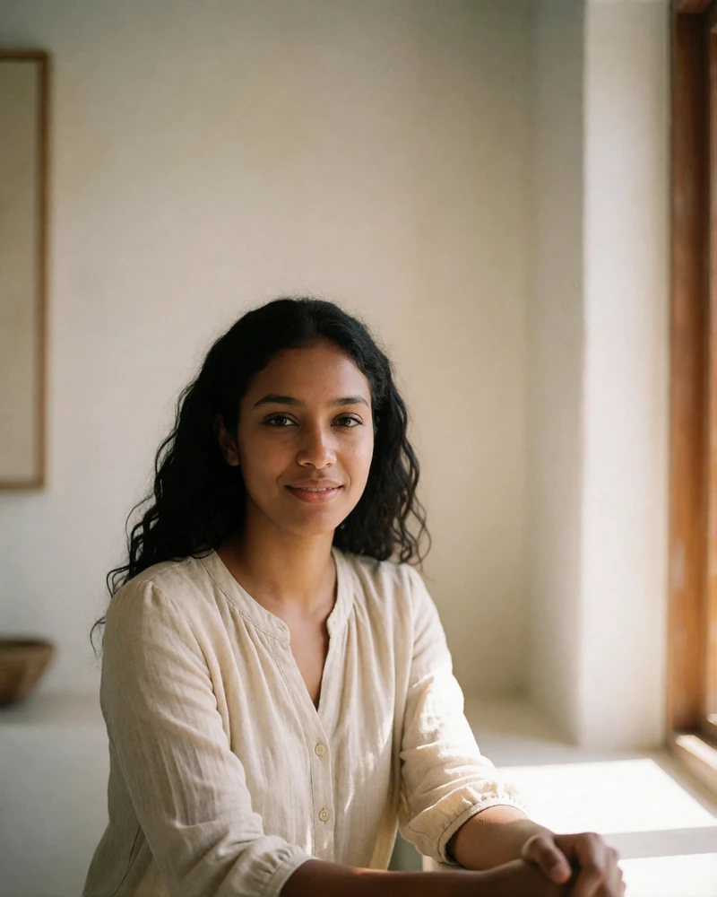 Maldivian woman in a sand-colored blouse seated by a sunlit window in a minimal interior, verified member profile photo