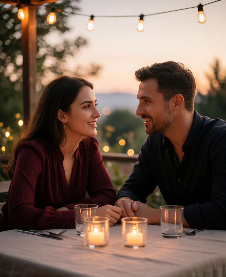 Armenian woman in a burgundy blouse and Western man in a dark shirt leaning together at a candlelit terrace dinner table
