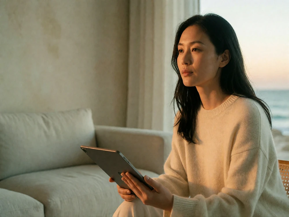 Elegant Asian woman in a cream sweater relaxing with a tablet in a bright, minimalist living room
