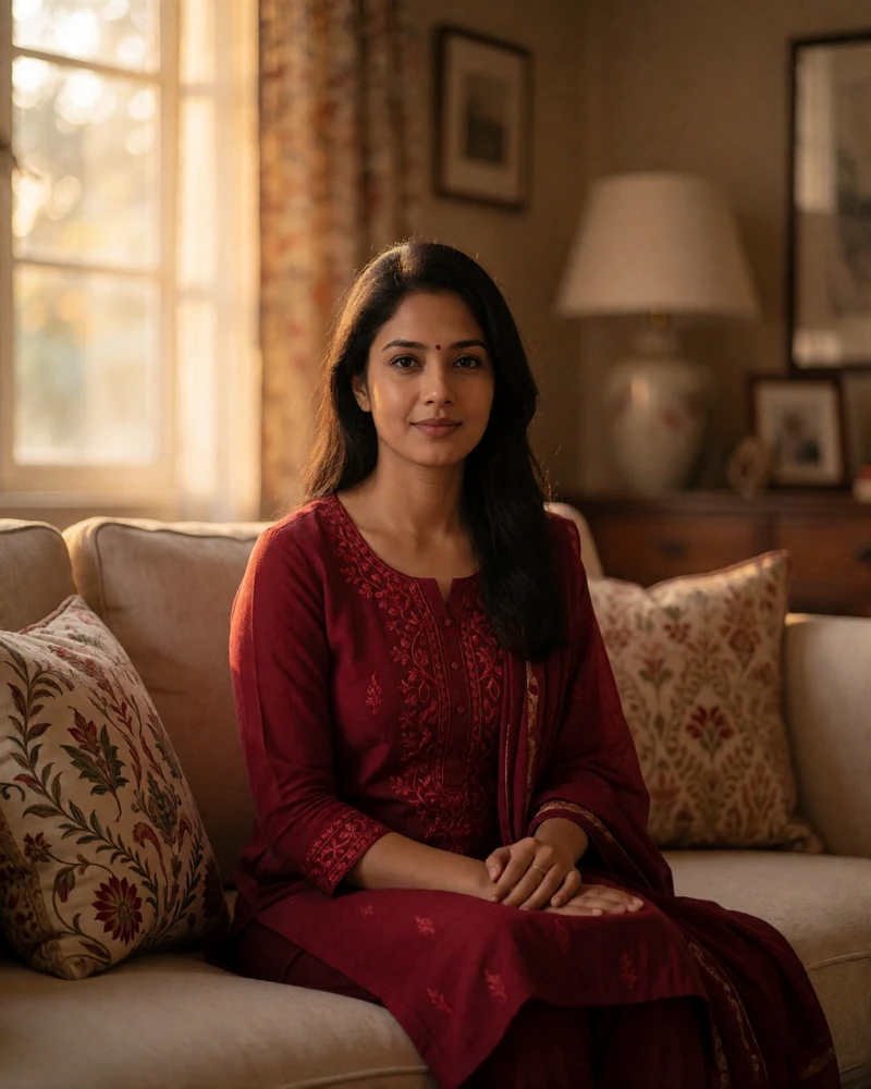 Bangladeshi woman in a maroon kameez seated in a warm living room, a featured verified member profile photo