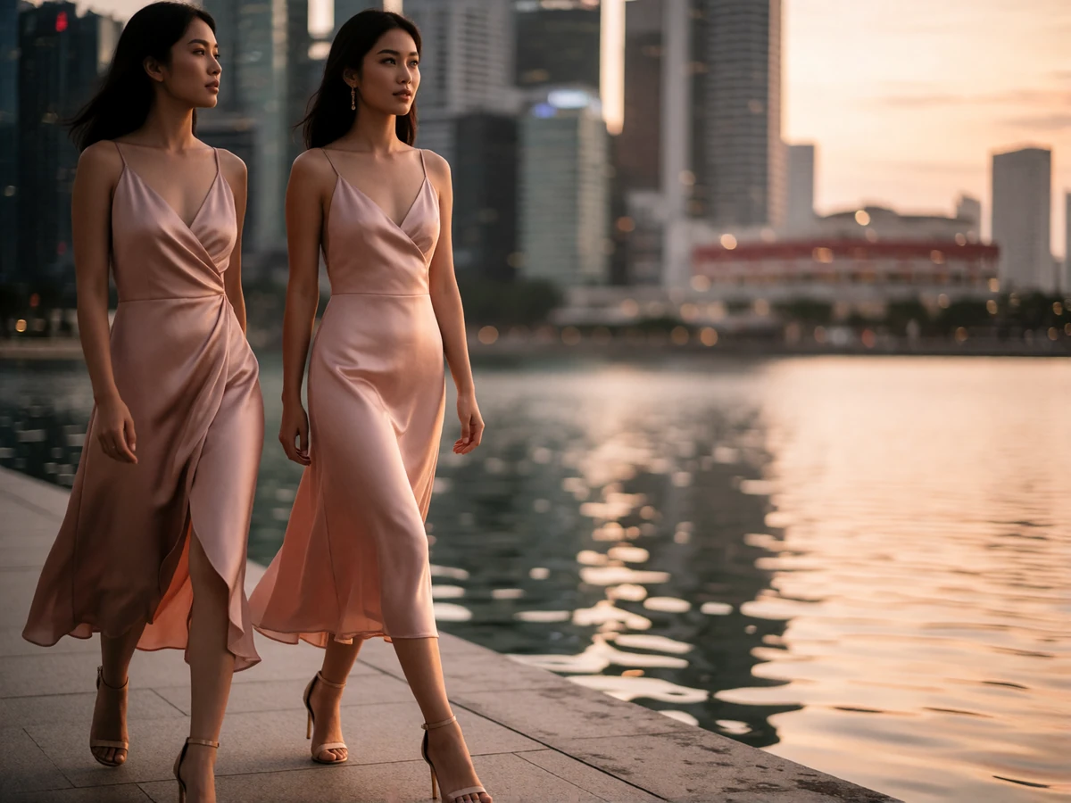 Singaporean woman in an elegant blush dress walking beside a companion along a waterfront promenade at dusk with the city skyline behind them