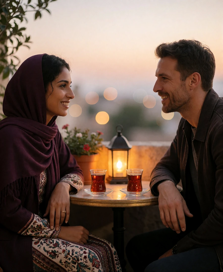 Yemeni woman in a plum headscarf sitting at a terrace table with tea glasses, talking warmly with a Western man