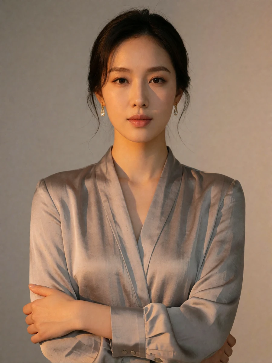 Elegant Korean woman in a soft grey silk blouse in a warm studio portrait, verified member profile photo