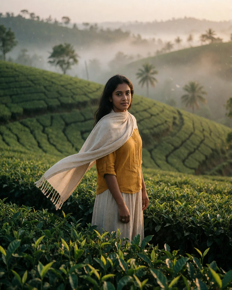 Sri Lankan woman in a mustard blouse standing among green tea terraces in the highlands, featured Sri Lankan dating profile photo
