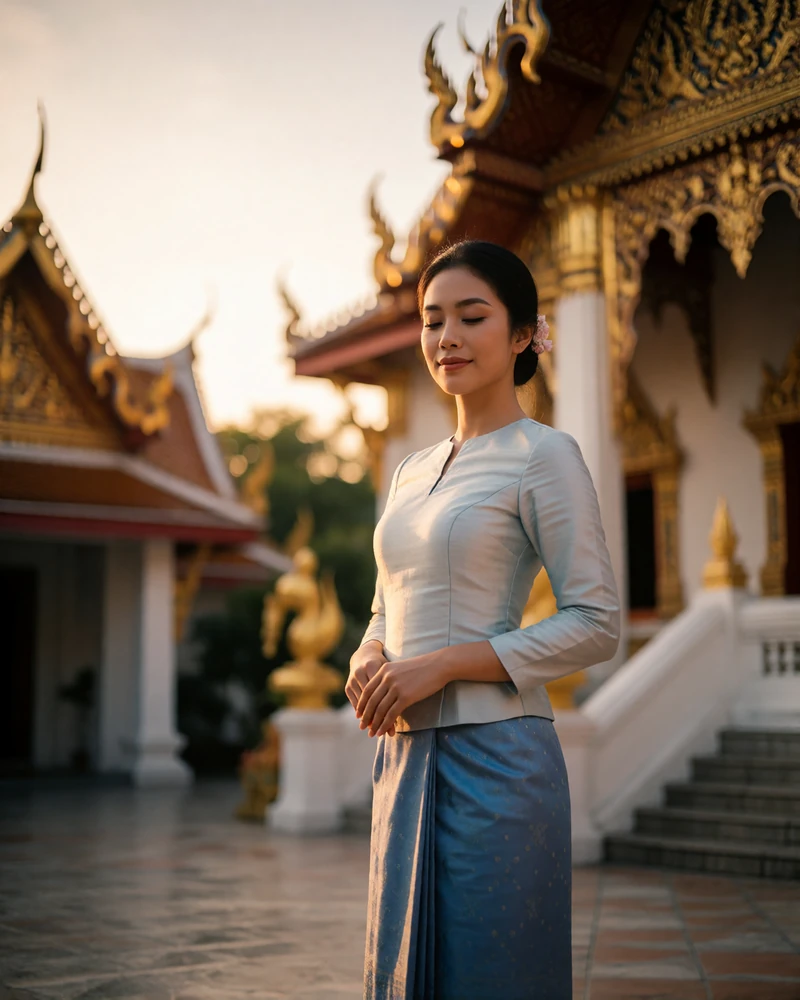 Thai woman in pale-blue traditional silk clothing standing calmly in a temple courtyard, verified member profile photo