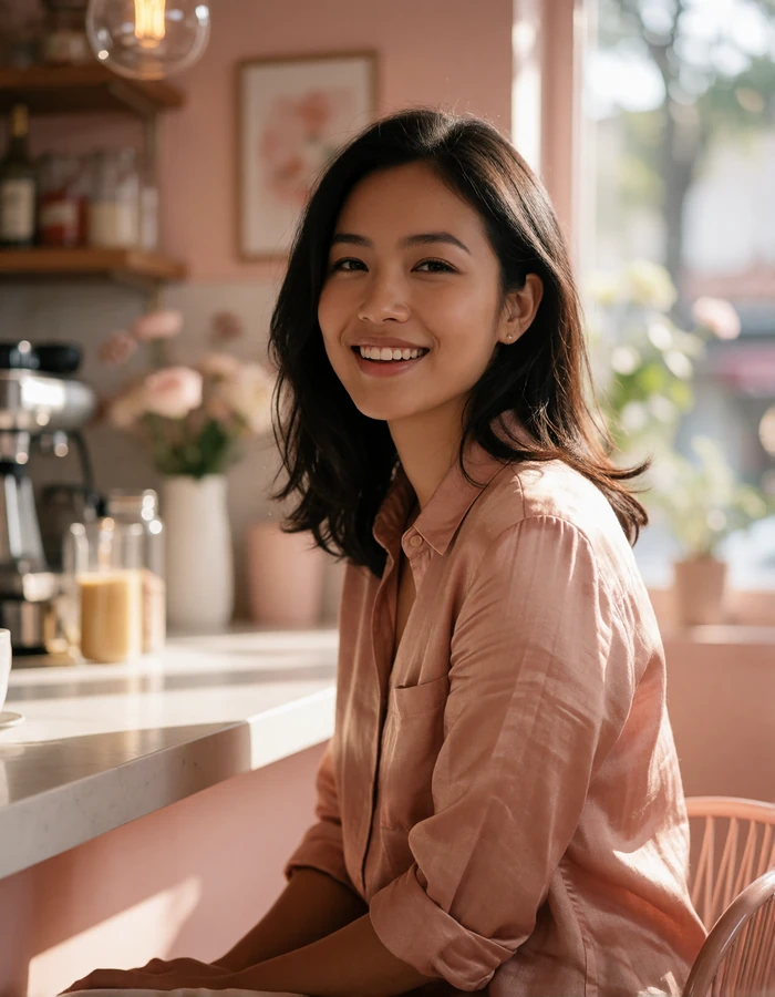 Malaysian woman of Chinese heritage in a rose linen shirt smiling at a sunlit Penang cafe counter, featured member profile photo
