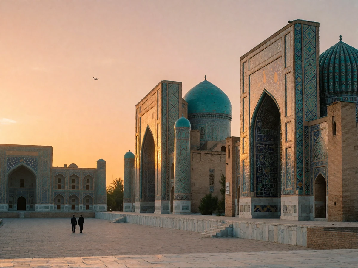 Historic Uzbek city square at golden hour with tiled turquoise domes and an open stone plaza