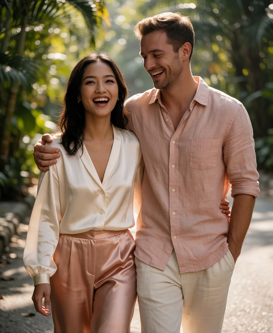 Malaysian woman in a cream blouse walking arm in arm with a Western man along a shaded tropical street
