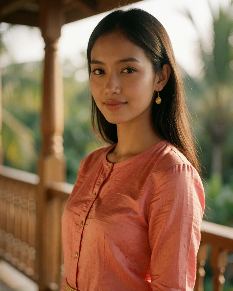 Young Burmese woman in a coral cotton blouse smiling on a wooden balcony with tropical greenery behind her