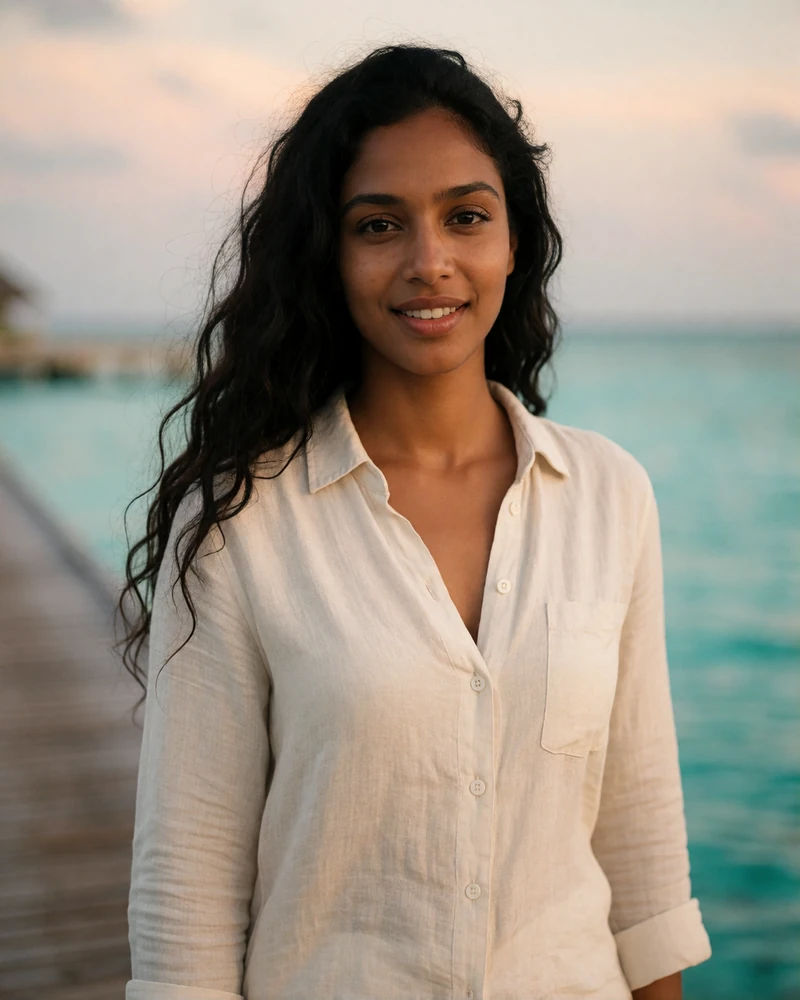 Young Maldivian woman in an ivory linen shirt smiling on a wooden jetty above a turquoise lagoon, featured dating profile photo