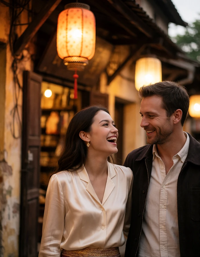 Laotian woman in a cream blouse laughing beside a Western man along a lantern-lit evening lane