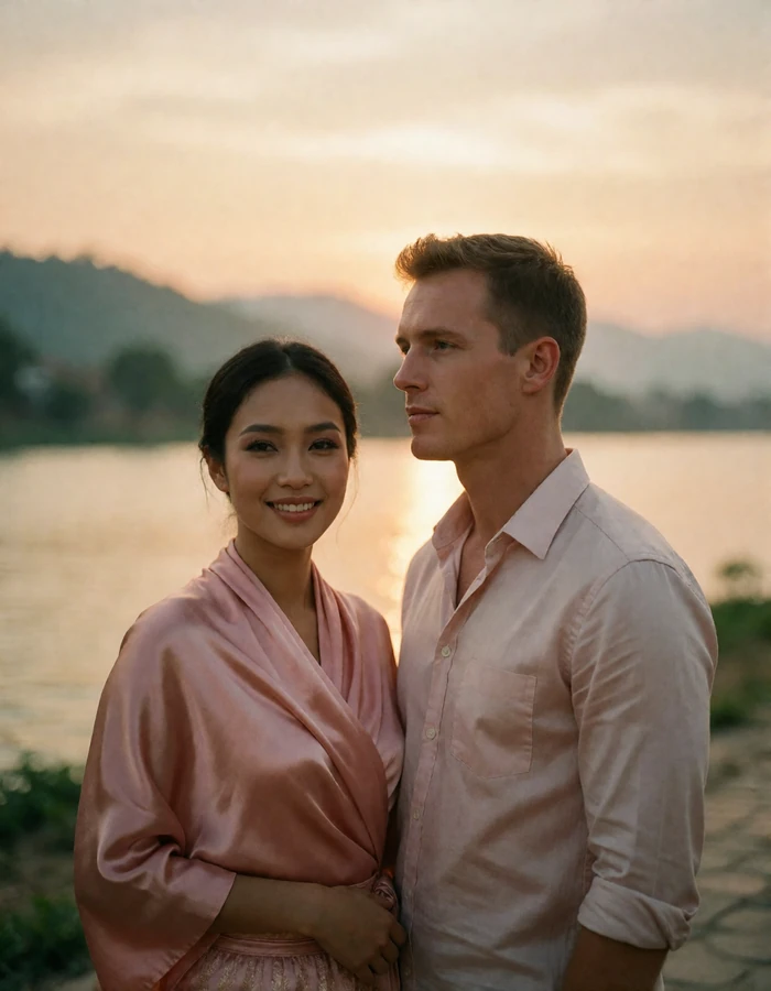Laotian woman in a rose silk wrap smiling beside a Western man on a riverside walkway at sunset
